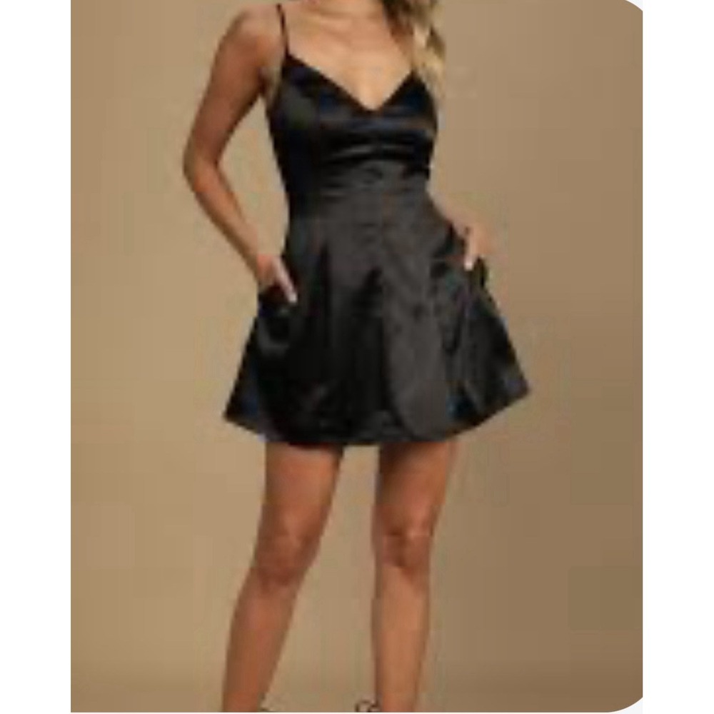 Lulus Dress Womens XS Black Satin Slip V Neck Adjustable Strap Mini Party